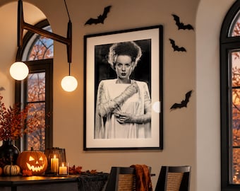 Bride of Frankenstein Poster, Black and White, Vintage Halloween Wall Art, Horror Movie Print, Elsa Lanchester, Home Decor, Digital Download