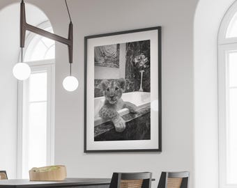 Lion Cub in Bathtub Print, Black and White, Kids Bathroom Wall Art, Digital Download