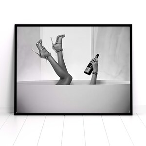 High Heels Woman Drinking Wine In Bathtub Print, Feminist Poster, Bathroom Wall Art, Black and White, Teen Girls Bathroom Decor, Bathtub Art