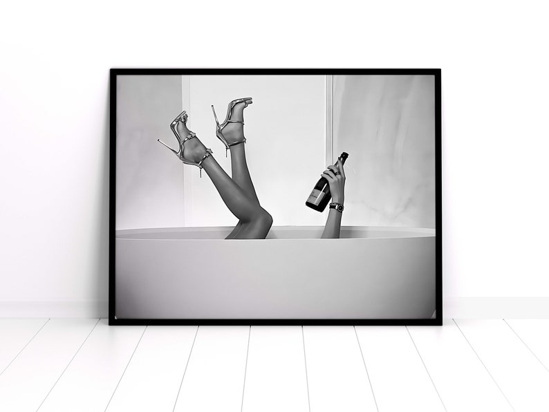 High Heels Woman Drinking Wine In Bathtub Print, Feminist Poster, Bathroom Wall Art, Black and White, Teen Girls Bathroom Decor, Bathtub Art