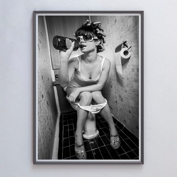 Woman Drinking Wine on Toilet Print, Black and White, Vintage Feminist Poster, Bathroom Wall Art, Girls Bathroom Decor, Digital Download