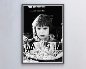 Vintage Italian Kid Eating Spaghetti, Black and White Photo (Digital Download)