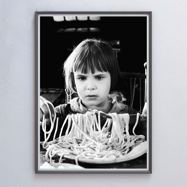 Italian Kid Eating Pasta Poster, Black and White, Vintage Photo, Spaghetti Print, Kitchen Wall Art, Restaurant Decor, Pasta Print, Canvas