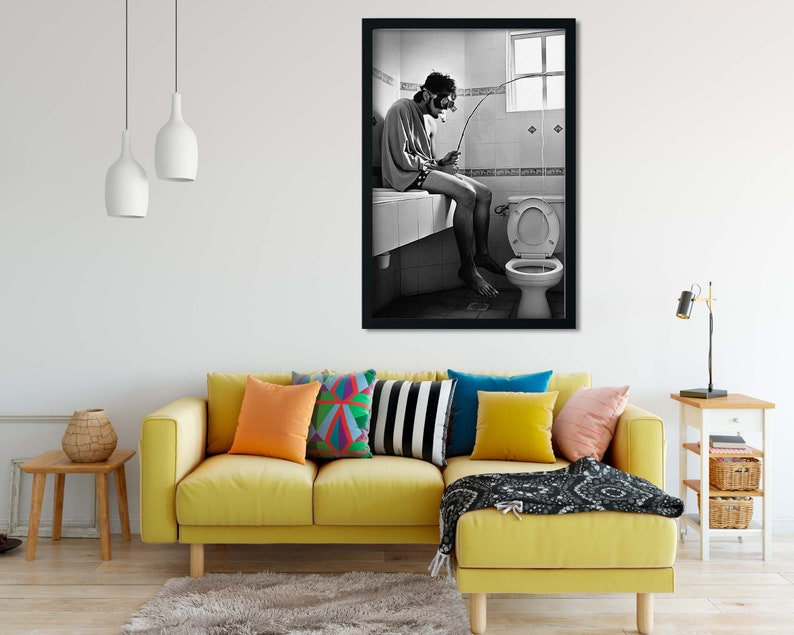 Man Fishing in Toilet Print Funny Bathroom Wall Art Black Etsy