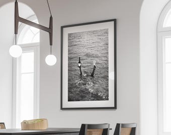 Wine in the Sea Poster, Bar Cart Print, Black and White, Coastal Wall Art, Summer Aesthetic Prints, Ocean Photography, Digital Download