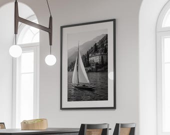 Vintage Sailboat Poster, Lake Como Villa Del Balbianello Print, Old Money Wall Art, Black and White, Coastal Photography, Digital Download
