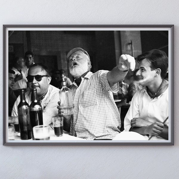 Ernest Hemingway Drinking Alcohol in Bar Poster, Black and White, Vintage Photo, Bar Cart Print, Cocktail Wall Art, Digital Download, Canvas