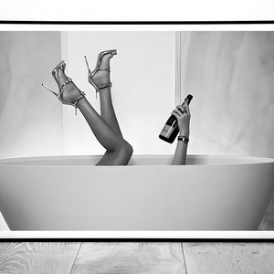 High Heels Woman Drinking Wine In Bathtub Print, Feminist Poster, Bathroom Wall Art, Black and White, Teen Girls Bathroom Decor, Bathtub Art