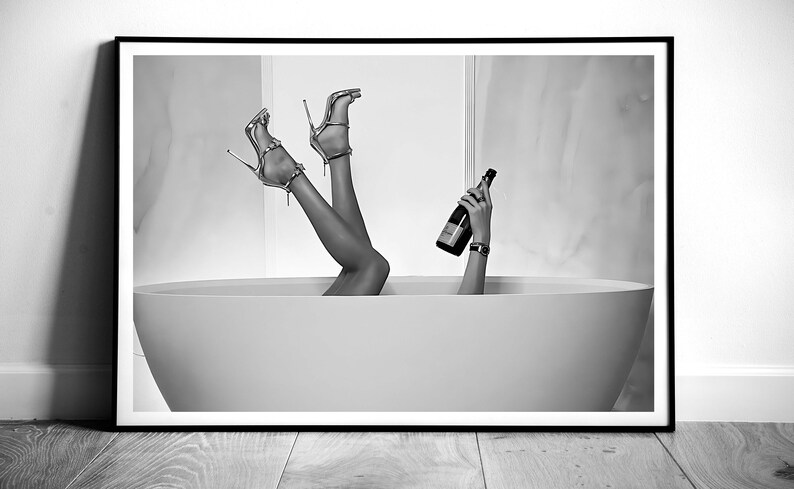 High Heels Woman Drinking Wine In Bathtub Print, Feminist Poster, Bathroom Wall Art, Black and White, Teen Girls Bathroom Decor, Bathtub Art