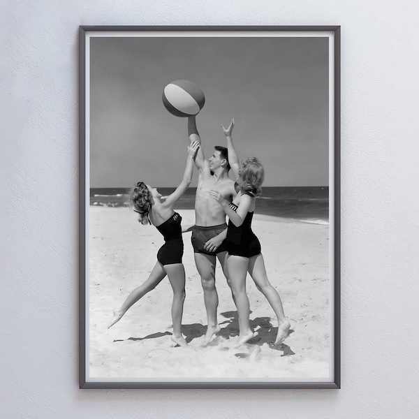 Vintage Beach Poster, Black and White Wall Art, 1950s Print, Teens Playing Beach Ball in Swimsuit Print, Beach House Decor, Digital Download