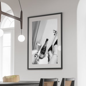 Woman Drinking Champagne in Bathroom Poster, Bar Cart Print, Black and White Photo, Cocktail Wall Art, Alcohol Prints, Girls Bathroom Decor