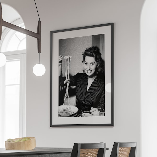 Sophia Loren Eating Spaghetti Poster, Black and White, Vintage Photography, Sophia Loren Print, Old Hollywood Decor, Pasta Poster, Canvas