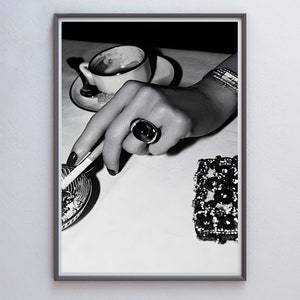 Woman Smoking & Drinking Coffee Poster, Luxury Fashion Print, Black and White, Trendy Printable Wall Art, Feminist Poster, Coffee Shop Decor