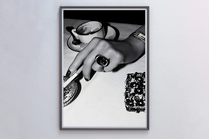 Woman Smoking & Drinking Coffee Poster, Luxury Fashion Print, Black and White, Trendy Printable Wall Art, Feminist Poster, Coffee Shop Decor
