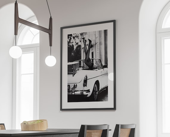 High Heels in Classic Car Poster, Black and White, Fashion