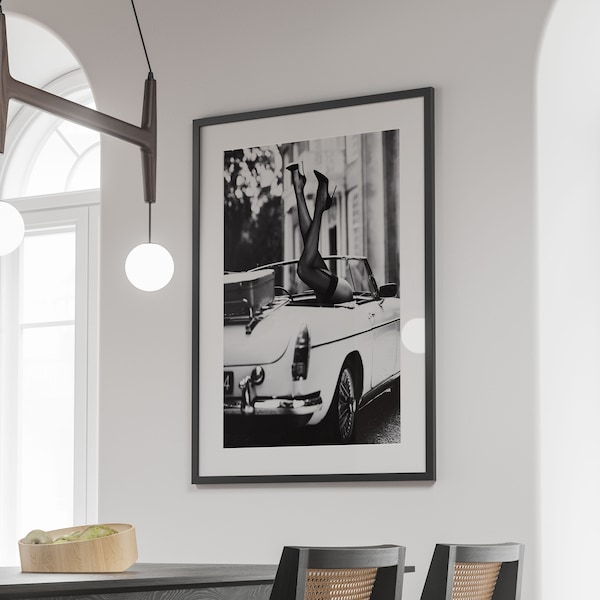 High Heels in Classic Car Poster, Black and White, Fashion Photography, Feminist Print, Bedroom Decor, Printable Wall Art, Digital Download