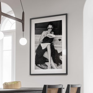 Italian Woman Eating Pasta Print, Black and White, Vintage Photo, Spaghetti Poster, Woman Drinking Wine, Kitchen Wall Art, Dining Room Decor