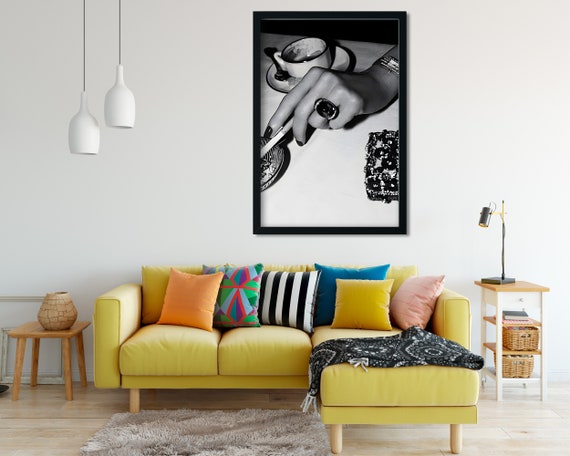 Woman Smoking & Drinking Coffee Poster, Luxury Fashion Print, Black and White, Trendy Printable Wall Art, Feminist Poster, Coffee Shop Decor