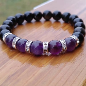 Black Obsidian and Amethyst Stretchy Bracelet. Protection. Highly programmable.