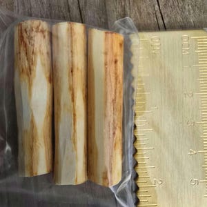 May include: Three cylindrical wooden dowels with light brown and cream-coloured grain patterns are displayed next to a brass ruler. The dowels appear to be approximately 10 cm in length. The ruler shows measurements in inches.