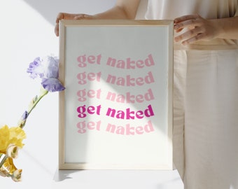 Retro Badezimmer Prints "Get Naked" | Digitale Downloads, A2/A3/A4, blau/pink, Ästhetische Poster, Badezimmer Deko, Wandgestaltung