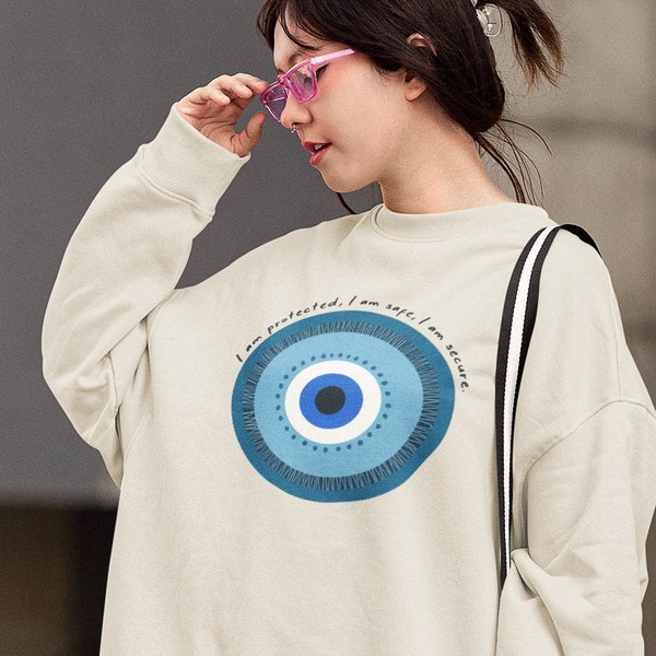 Evil Eye Sweatshirt, Unisex Crewneck Sweatshirt, Message Eye Sweatshirt, Greek Eye Sweater, Nazar Boncuk Sweater, Hamsa Sweatshirt.