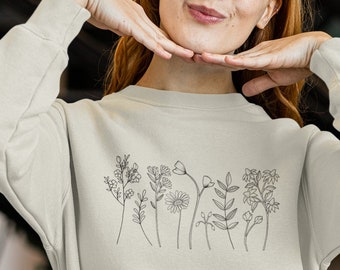 Boho Floral Unisex Sweatshirt, Plant Women's Minimalist Flower Sweater, Mothers Day Gift, Wildflower Birthday Gift, Holiday Gift