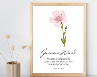 Bible Verse Wall Art Proverbs 16 Gracious Words Quote, Christian Decor, Modern Christian Print, Scripture Print, Christian Gifts