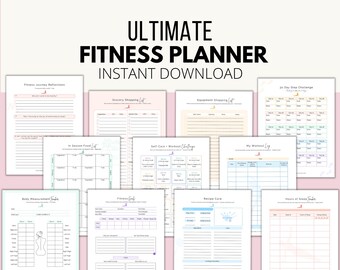 May include: A printable fitness planner with multiple pages, including a grocery shopping list, equipment shopping list, 30-day step challenge, in-season food list, self-care and workout challenges, my workout log, body measurement tracker, fitness goals, recipe card, and hours of sleep tracker. The planner is designed with a light pink, blue, and green color scheme.