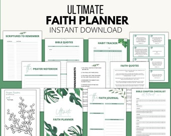 May include: A printable PDF planner with a green tropical leaf design. The planner includes sections for scriptures, bible quotes, prayer notes, habit tracking, faith quotes, a faith journal, and a bible chapter checklist. The text "Ultimate Faith Planner" is featured on the cover.
