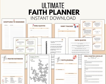 May include: A printable PDF planner with a pink and green floral design. The planner includes pages for scriptures, bible quotes, prayer, habit tracking, faith quotes, and a bible chapter checklist. The text "Ultimate Faith Planner Instant Download" is at the top of the page.