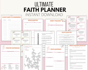 Pode incluir: Um planejador PDF imprimível com um design floral rosa e branco. O planejador inclui seções para escrituras, citações bíblicas, rastreamento de hábitos, notas de oração, diário de fé e uma lista de verificação de capítulos da Bíblia. O texto "Ultimate Faith Planner Instant Download" está no topo da página.