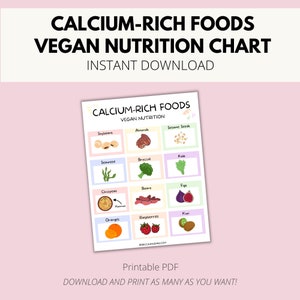 Aliments végétaliens riches en calcium imprimables, tableau des sources de calcium végétalien, liste des aliments en carence en calcium, aliments en calcium à base de plantes, teneur élevée en calcium