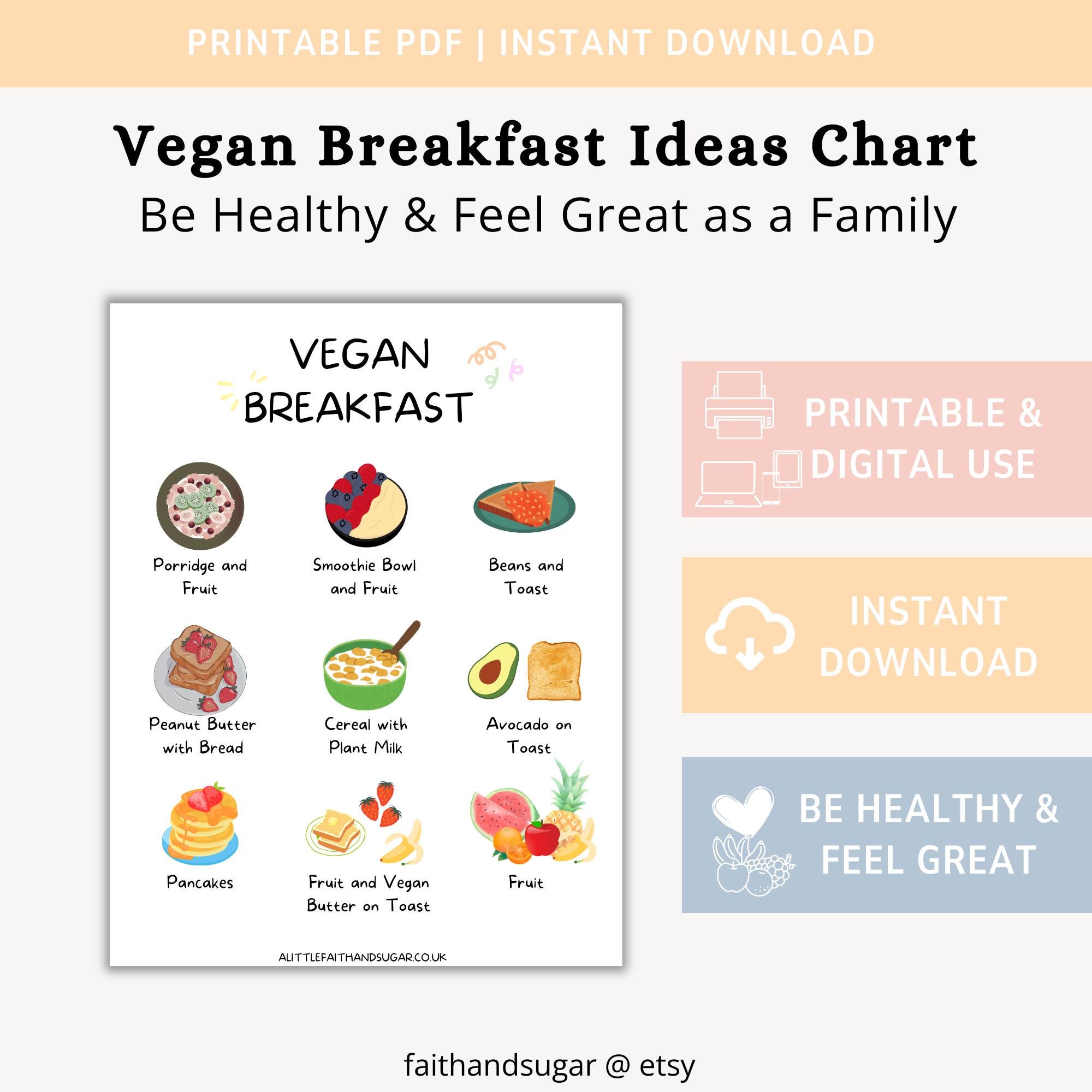 Ideas de desayuno vegano, ideas de comidas veganas, tabla de alimentos veganos, lista de alimentos de origen vegetal, planificador de comidas imprimible, lista de compras vegana