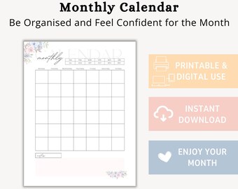 Undated Monthly Calendar, Simple Printable Calendar, Vertical Year Calendar, Minimalist Calendar, Monthly Calendar Planner Printable