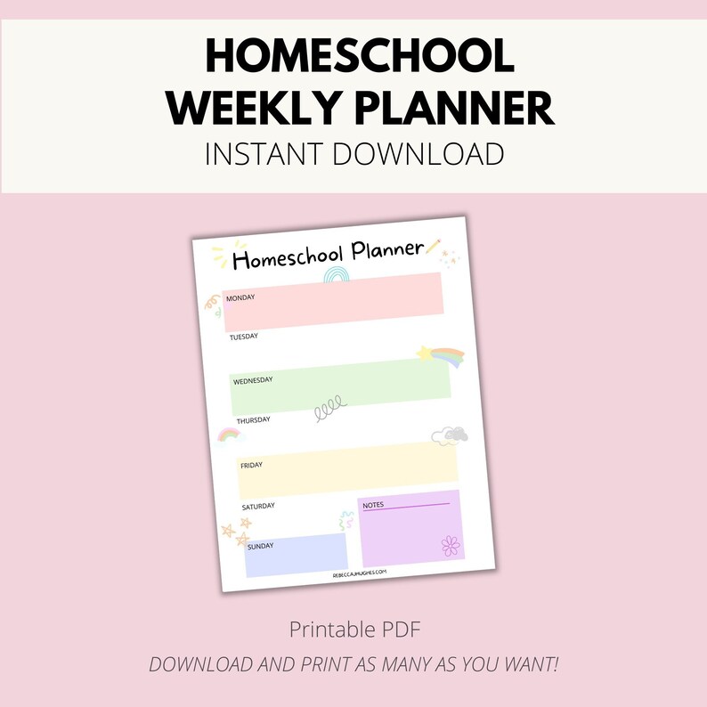 Homeschool Weekly Schedule Printable, Homeschool Planner, Weekly Schedule for Kids, Week School Schedule, School Routine Chart, Weekly Plan image 1