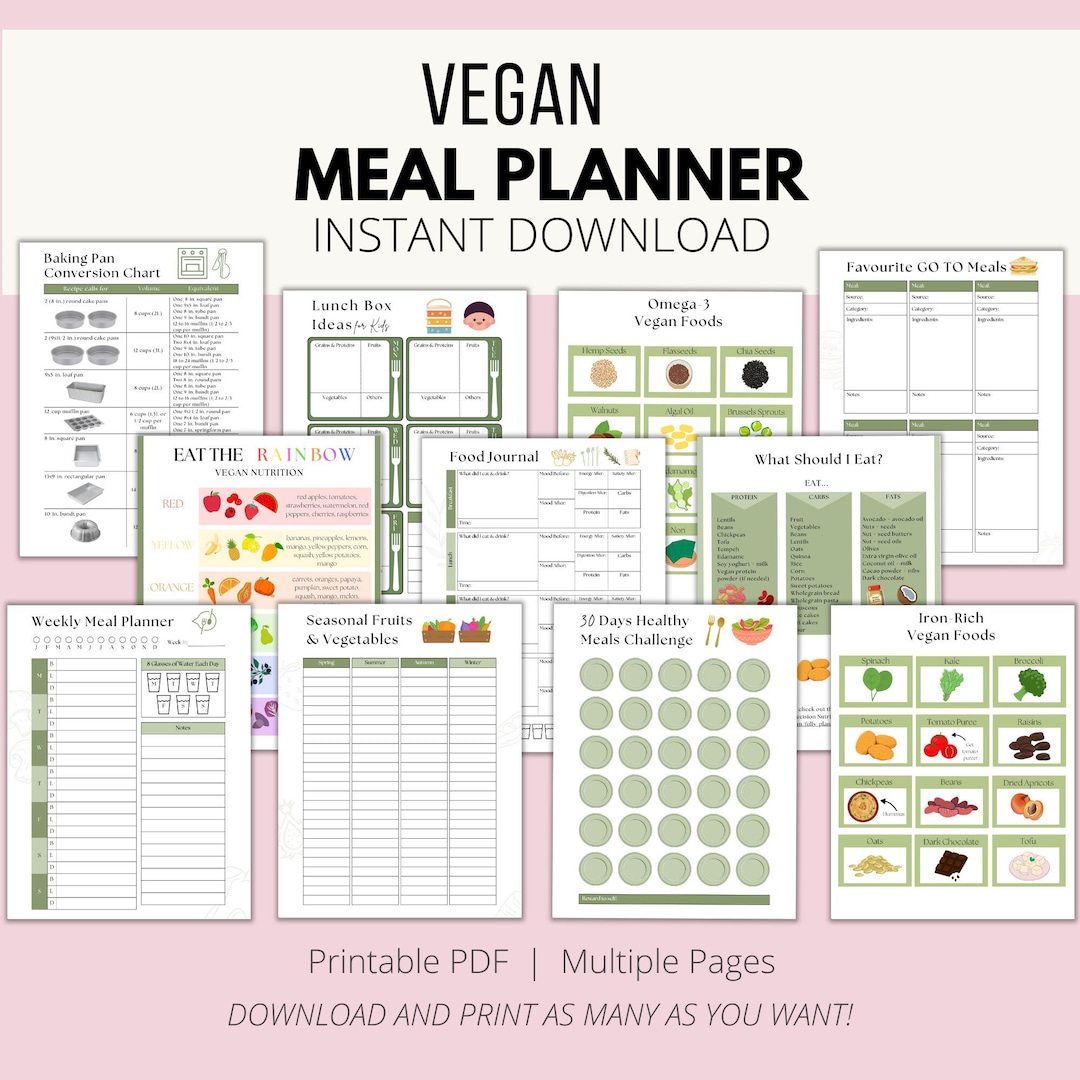 Vegan Meal Planner Printable, Weekly Meal Planner, Monthly Meal Planner