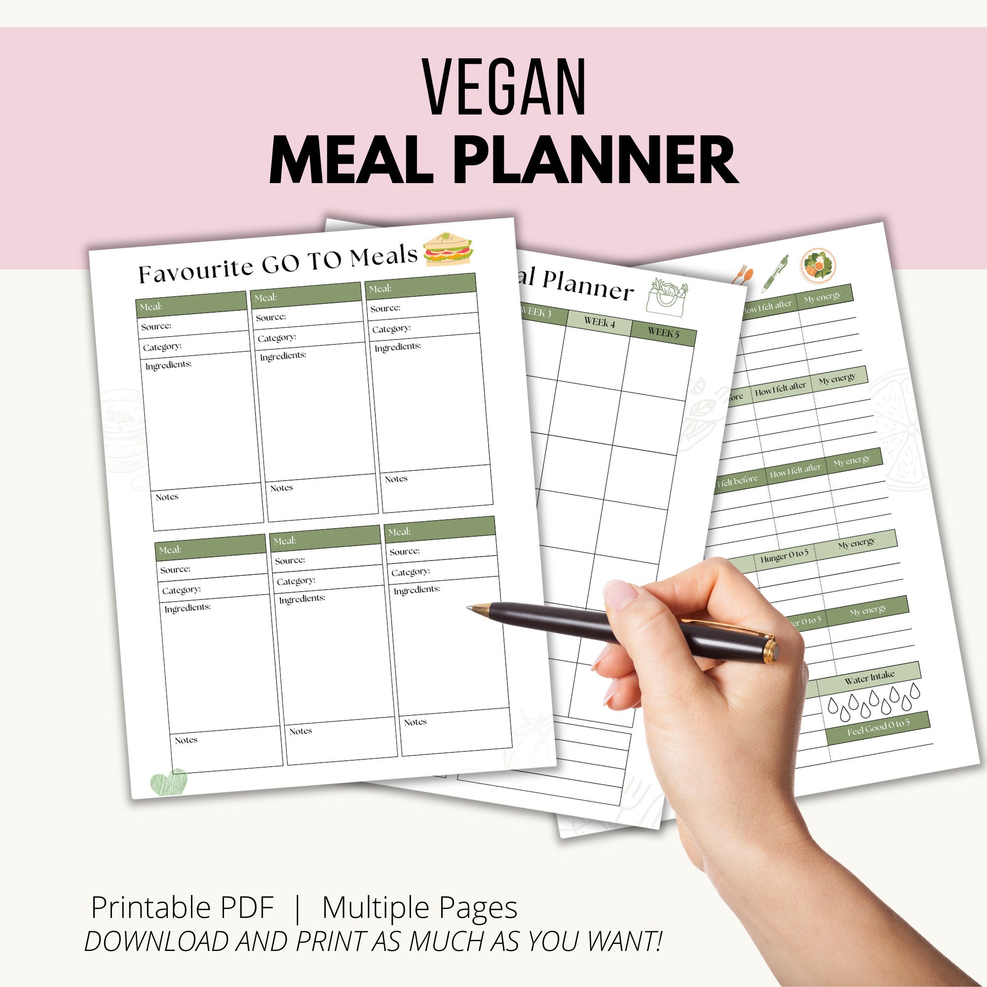 Vegan Meal Planner Printable, Weekly Meal Planner, Monthly Meal Planner