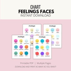 Pode incluir: Um conjunto de gráficos de emoções imprimíveis com rostos coloridos representando diferentes sentimentos. Os gráficos incluem palavras como "animado", "feliz" e "triste". O texto "CHART FEELINGS FACES INSTANT DOWNLOAD" está no topo.