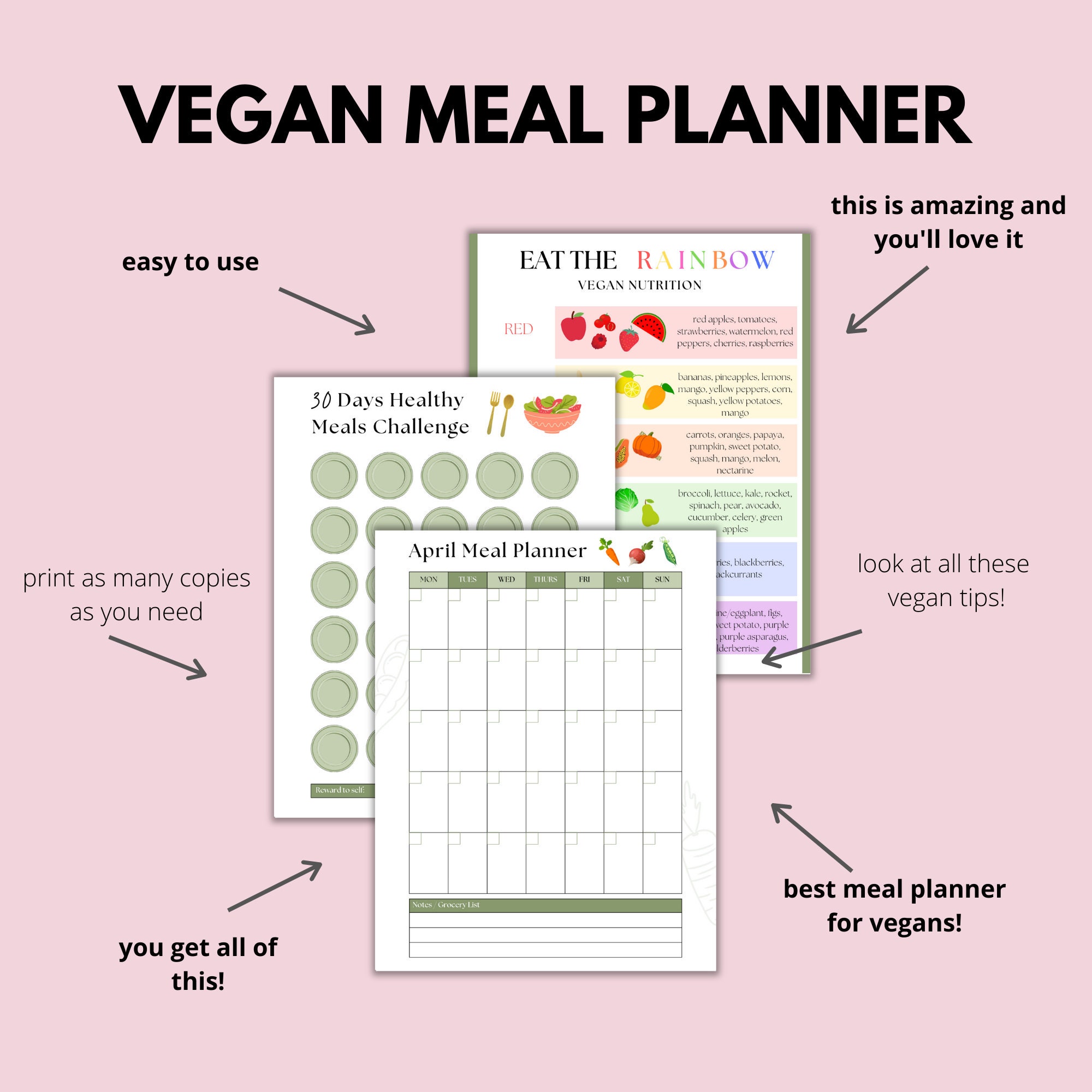 Vegan Meal Planner Printable, Weekly Meal Planner, Monthly Meal Planner