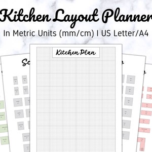 May include: Printable kitchen layout planner in metric units (mm/cm) on US Letter or A4 paper. The planner includes a gridded area for drawing a kitchen plan and three sample layouts with different appliance and furniture shapes.