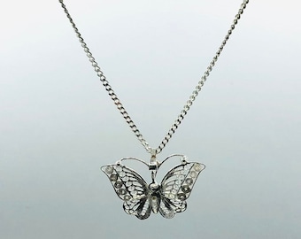 Sterling Silver Filigree Butterfly Pendant Necklace On Curb Chain Vintage