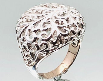 Sterling Silver Foliate Intricate Statement Dome Ring Vintage UK Size P US Size 7.75 EU Size 56