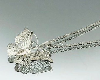Sterling Silver Filigree Butterfly Pendant Necklace On Curb Chain Vintage