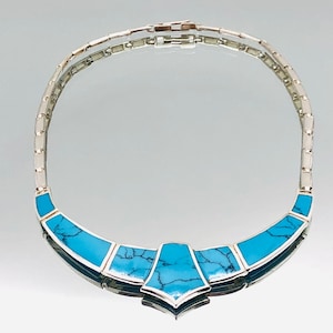 Turquoise Enamel Sterling Silver Statement Collar Necklace Vintage