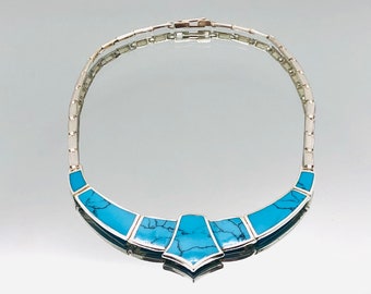 Turquoise Enamel Sterling Silver Statement Collar Necklace Vintage