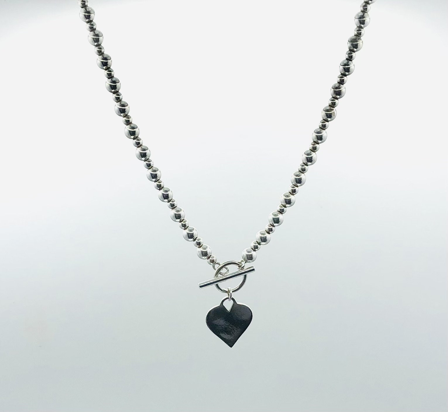 Sterling Silver Ball Chain Heart Charm T-bar Necklace