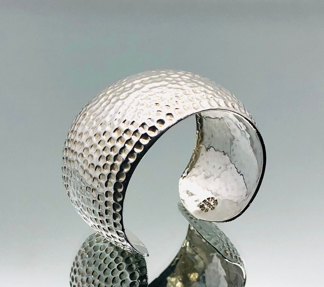 Sterling Silver Wide Hammered Dome Cuff Bracelet Mexico