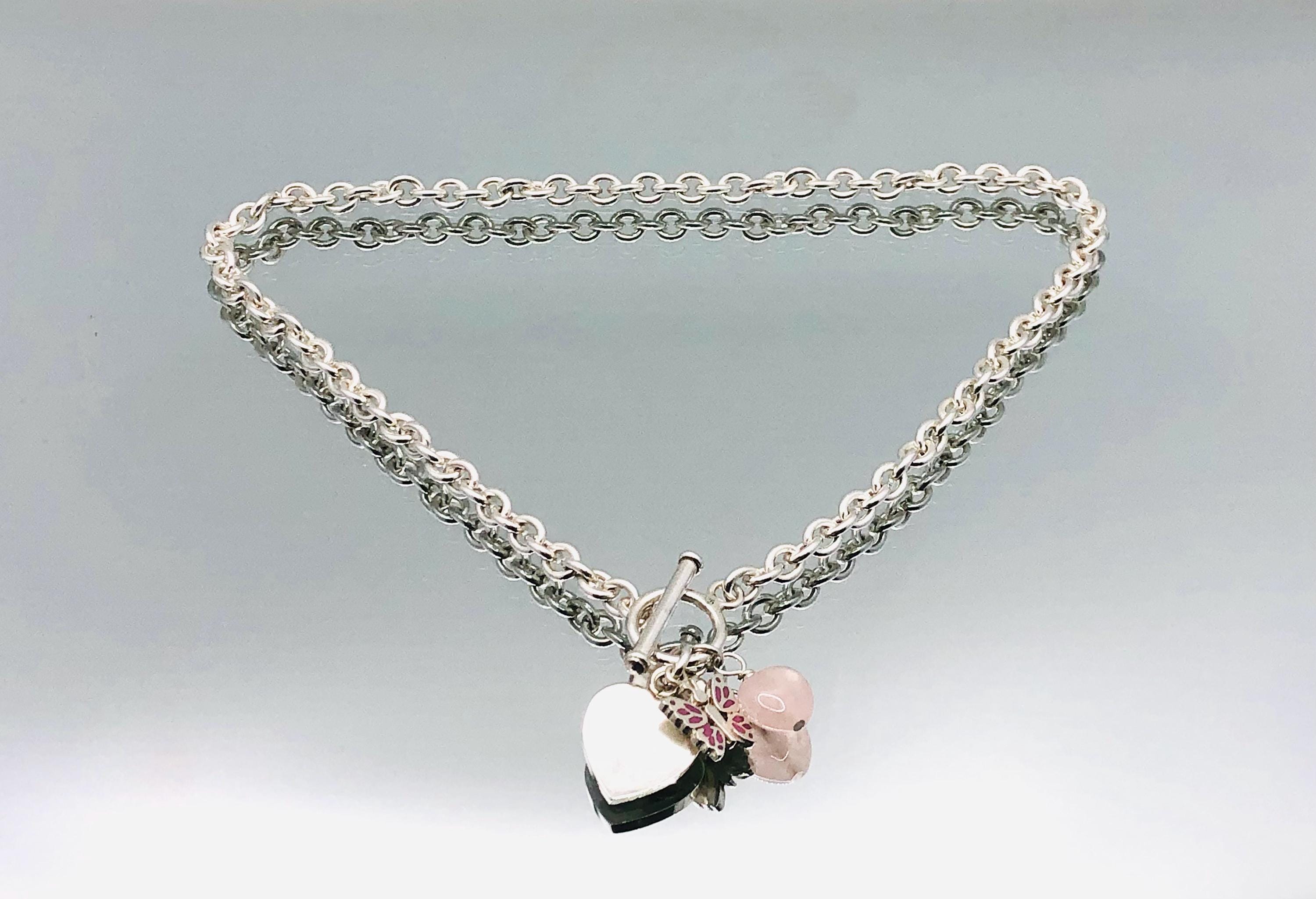 Sterling Silver Rose Quartz Double Heart Butterfly Tassel Charm