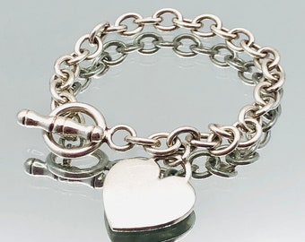 Sterling Silver Heart Charm T-Bar Bracelet Vintage